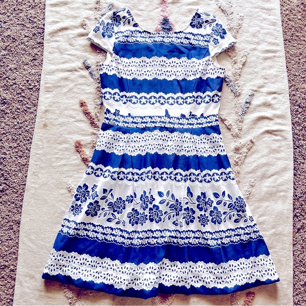 Daniel Cremiux Preppy Blue White Floral Lace Appliqué Dress women’s size 12